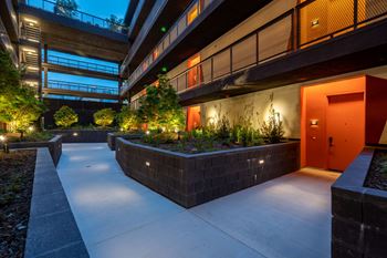 Courtyard garden with lush plantings throughout